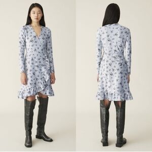 NWOT Ganni Women's Blue Silver Metallic Floral Long Sleeve Wrap Midi Dress 8